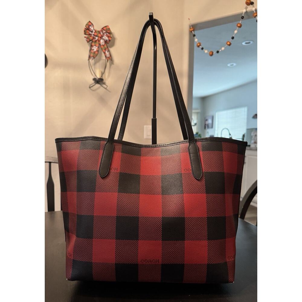 Coach City Tote Red Black Buffalo Plaid Holiday Tote Bag - Picture 2 of 13